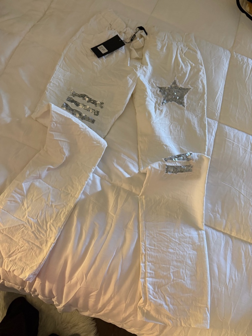 White Flare Jeans with Silver Sequin Star & Stripe Accents